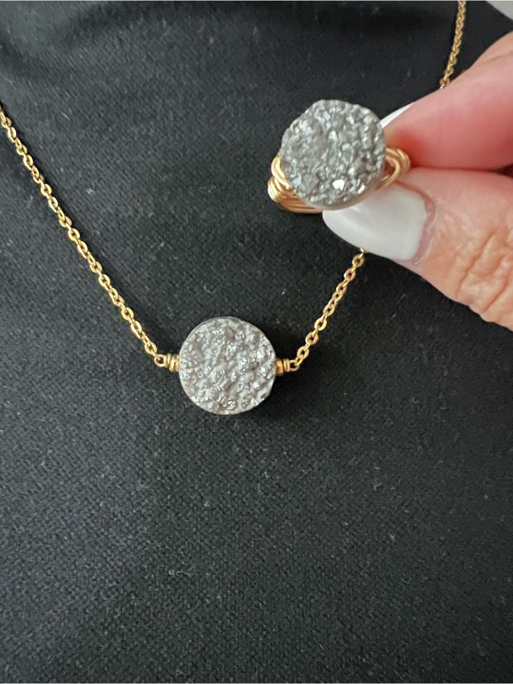 Bourbon and Bowties Gold Chain Necklace and Ring with Silver Druzy Discs